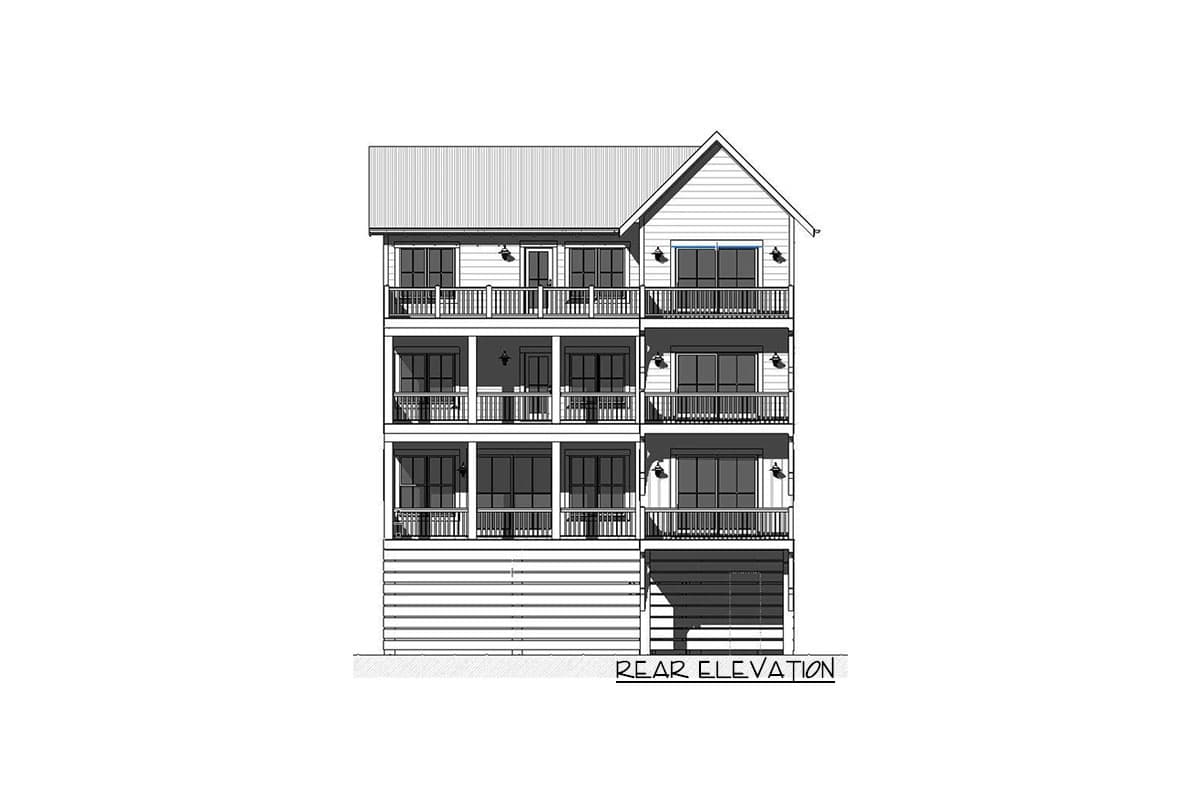 Rear elevation drawing of a three-story house with multiple balconies, gabled roof, and horizontal siding.