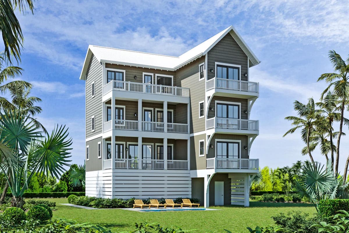 House plan exterior shows a three-story coastal home with multiple balconies, a gabled roof, and white trim accents. Features a covered entry.