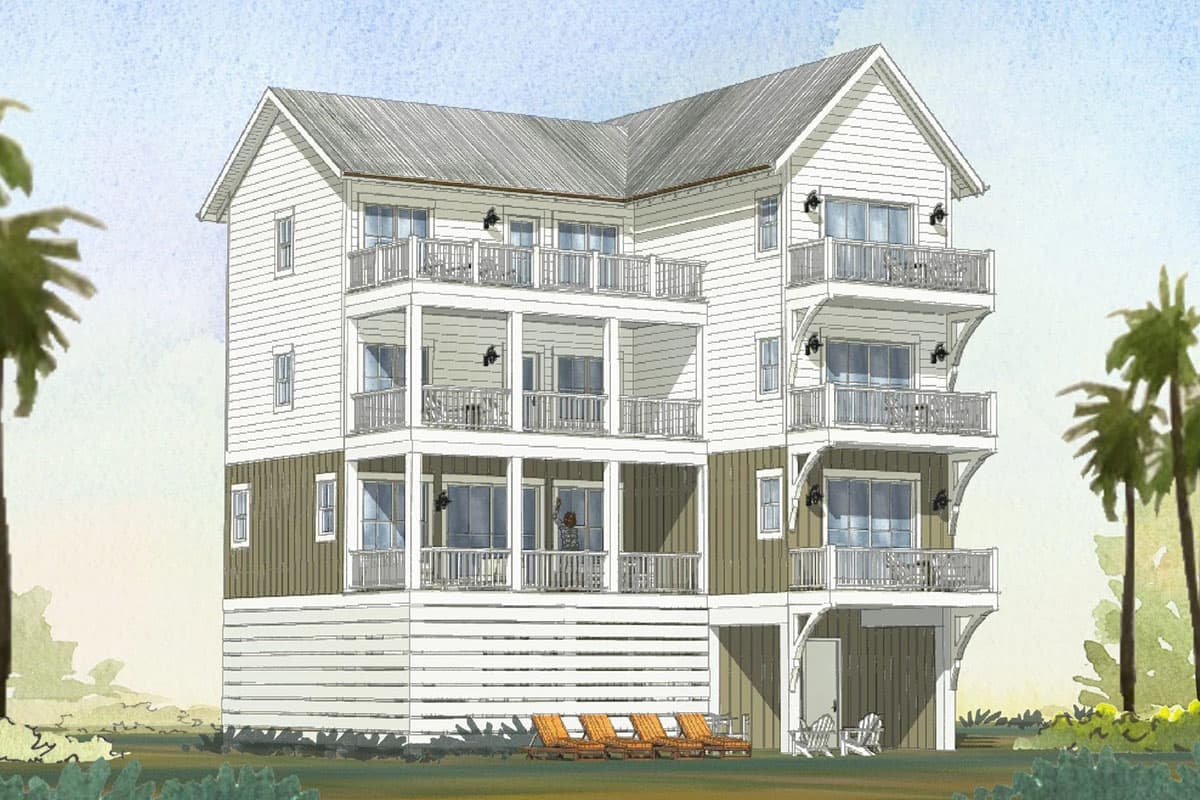 Modern Coastal house plan exterior, four stories, multiple balconies with white railings, metal roof, and lower level support pilings.
