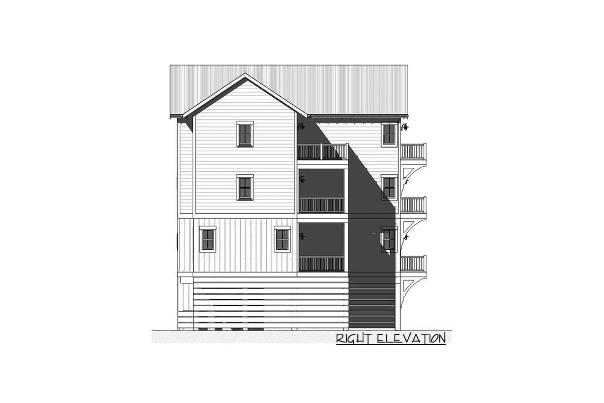 Right elevation house plan drawing showing three stories with multiple balconies and gables.