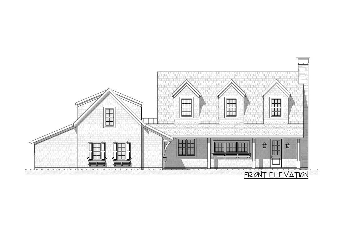 Front elevation drawing of a house plan with dormers, a covered porch, and a prominent gable roof.