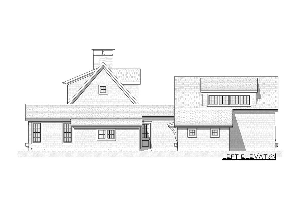 Left elevation of a house plan featuring a gabled roof, dormer windows, multiple window styles, and a prominent chimney.