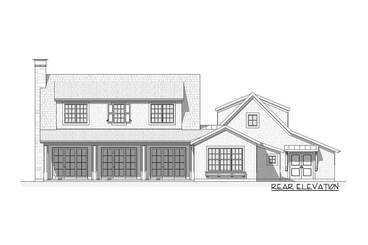 Rear elevation drawing of a two-story house plan with a prominent gable, dormer window, and covered porch with French doors.