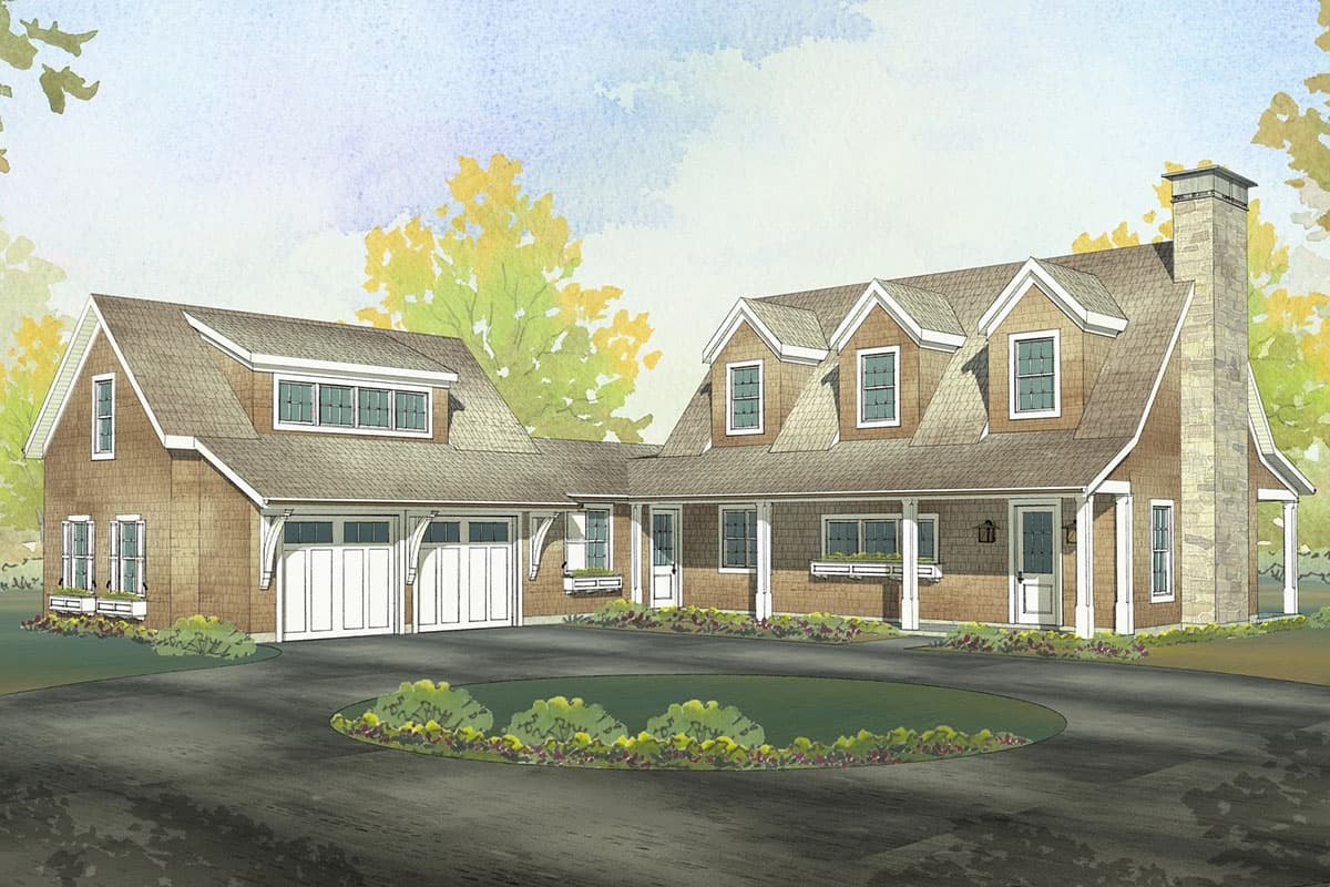House plan exterior, two-story, with a gabled roof, dormers, and a detached garage. Features include a porch and stone chimney.