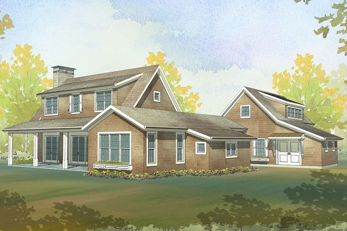 House plan exterior: Two-story home with shingle siding, prominent gables, multiple dormers, and a covered porch with white columns.
