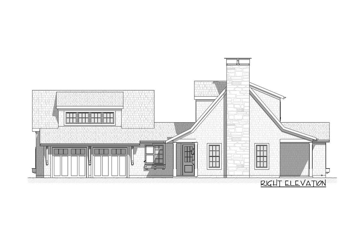 Right elevation house plan. Features a three-car garage, dormer, and prominent stone chimney with multiple gables.