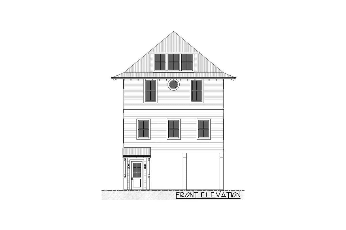 Front elevation drawing of a three-story house plan with a gable roof, dormers, and a covered entrance.
