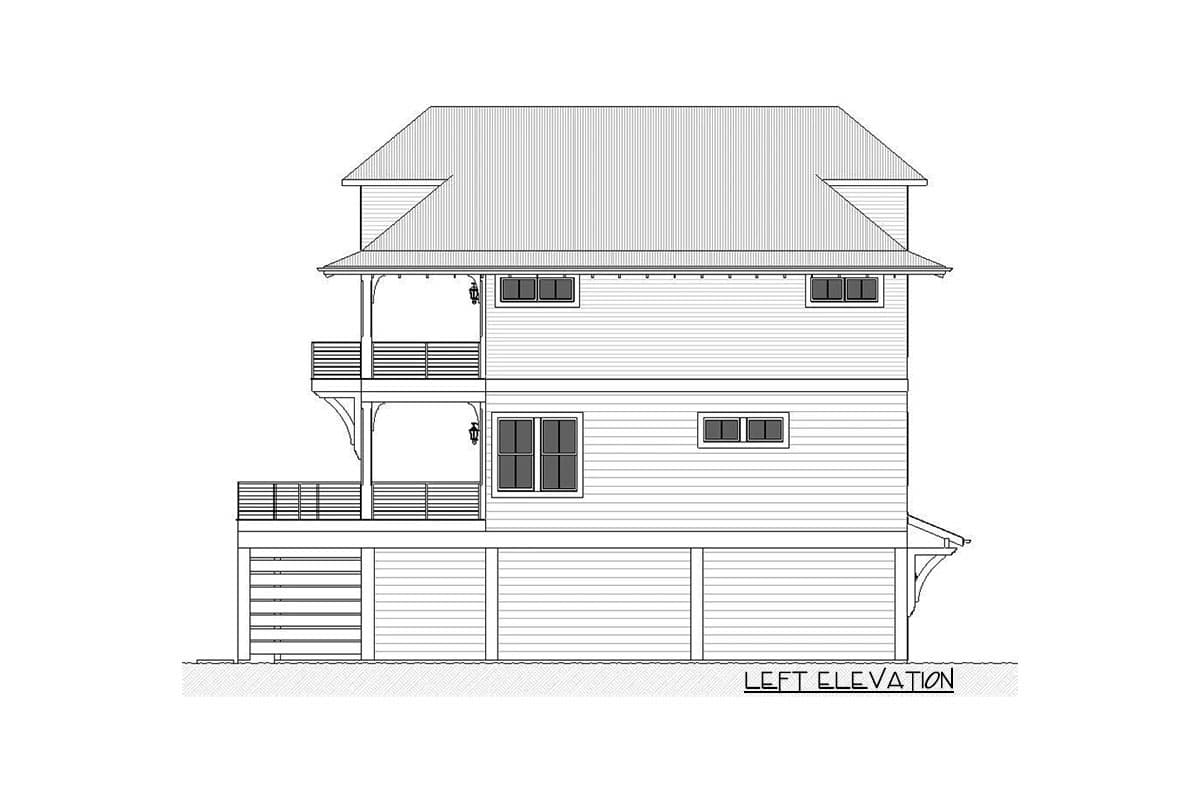 Left elevation house plan with two covered balconies, lap siding, and a standing seam roof.