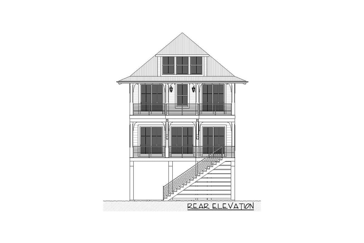 Rear elevation drawing of a three-story house plan with multiple balconies, large windows, and a prominent gable roof.