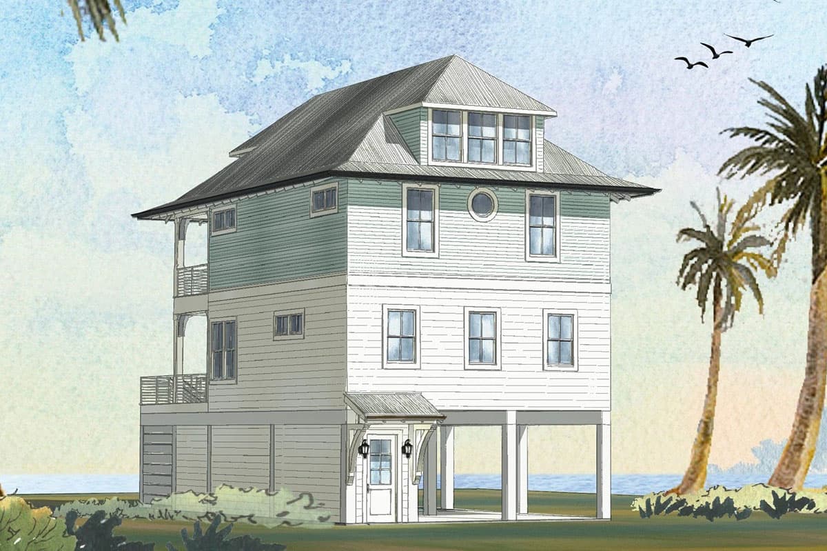 House plan exterior: Coastal style, three stories, with a raised foundation, shed roof dormer, and second-story balcony.
