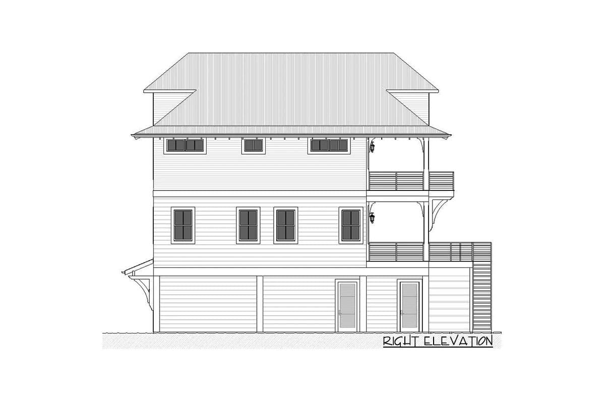 Right elevation drawing of a three-story house with a metal roof, multiple balconies, and a lower-level garage.