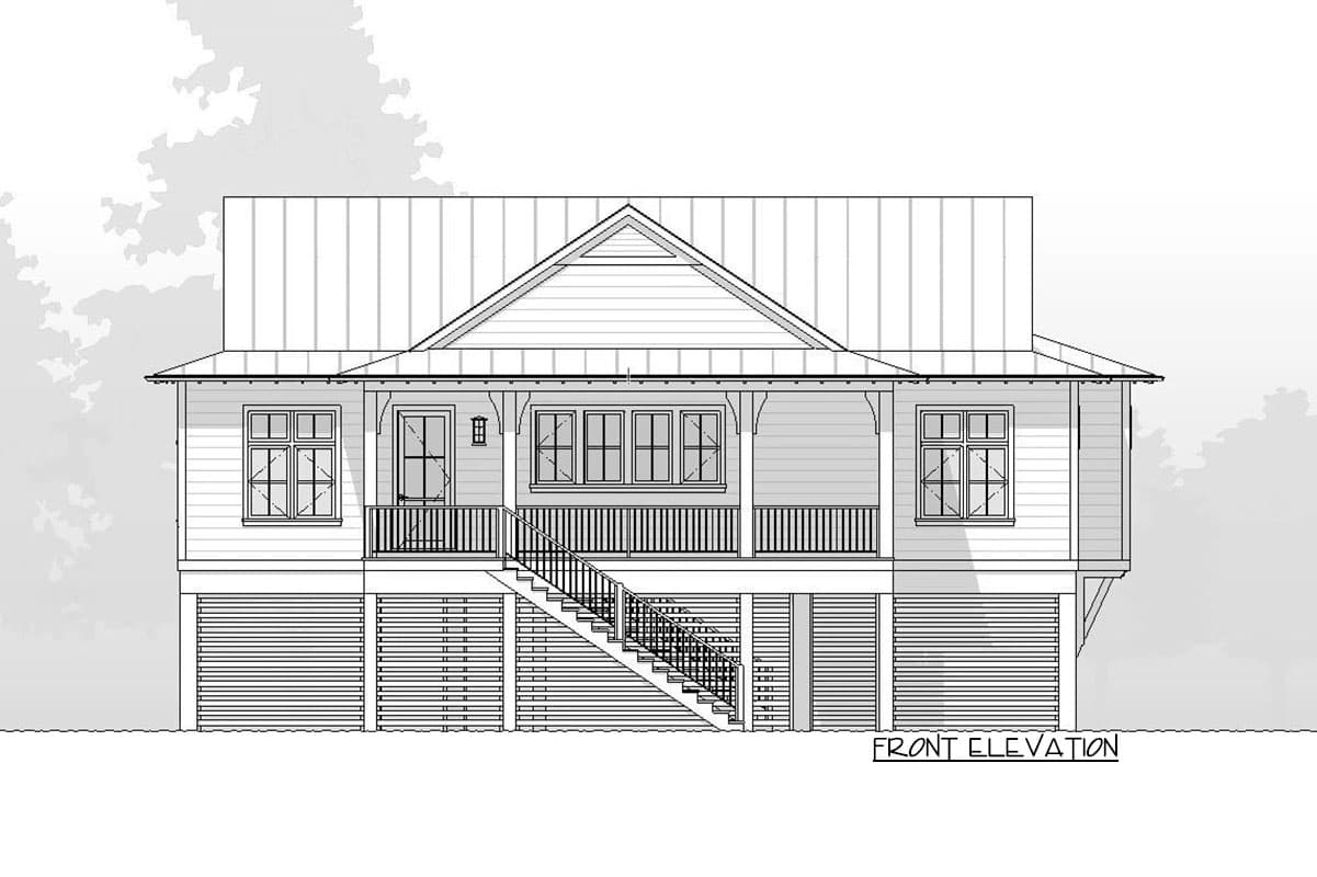 Front elevation of a house plan featuring a metal roof, front porch with railings, and a raised foundation with garage doors.