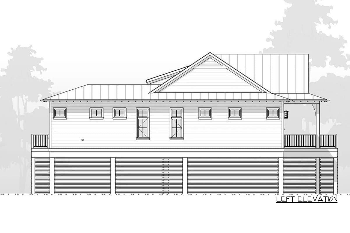 Left elevation house plan, one story with gabled roof, metal roof, visible piers, multiple windows, and a covered porch.