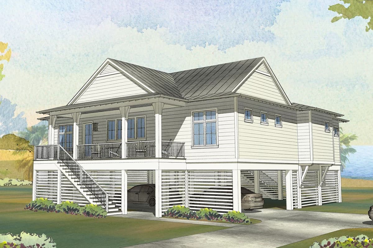 House plan exterior. Two-story elevated coastal-style house. Features include a wraparound porch, gabled roof, and parking under the main level.
