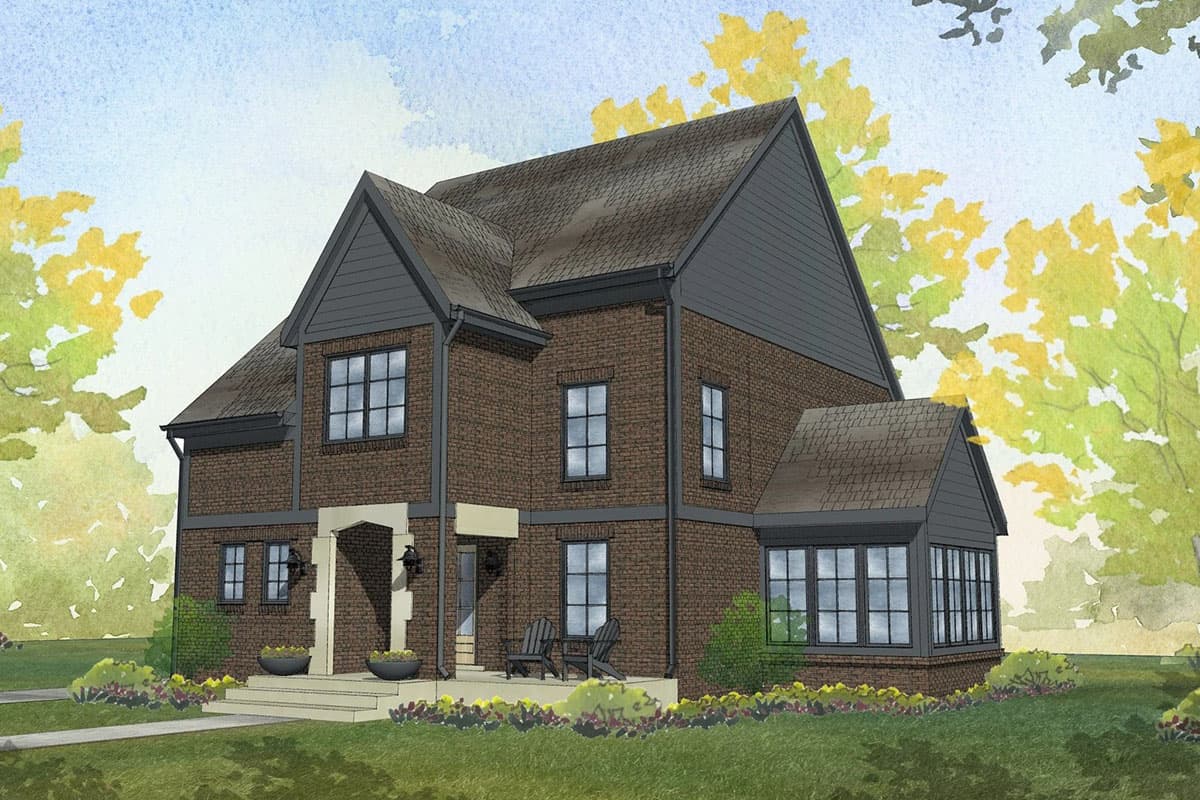 House plan exterior. Two-story brick home with gabled roof, bay window, and covered front entry porch with columns.