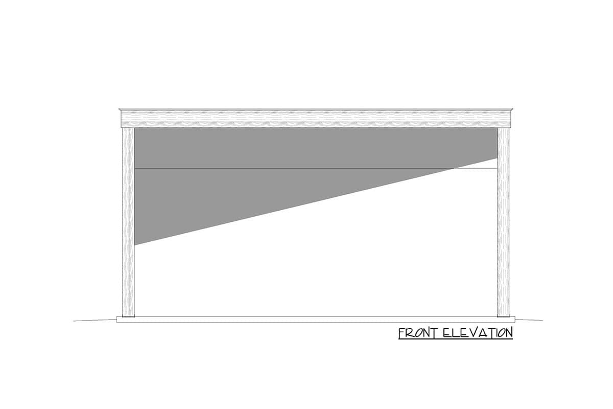 Front elevation drawing of a structure with two columns, a shaded area, and a decorative top trim.