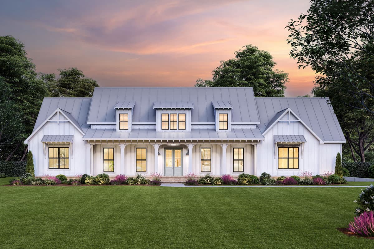 House plan exterior. Modern Farmhouse style with a single story, a covered porch, multiple dormers, and gabled rooflines.