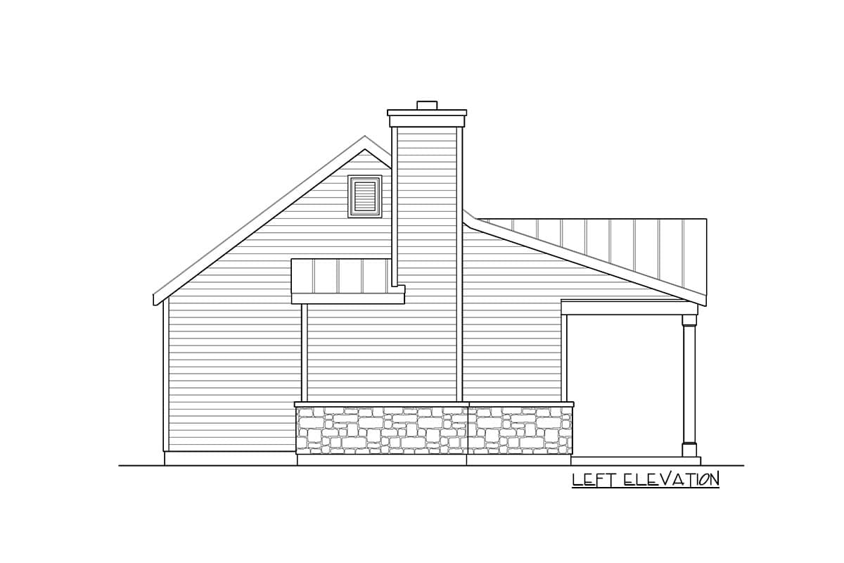 House plan left elevation showing siding, stone base, chimney, gable dormer, and covered porch.