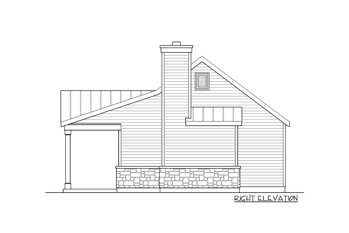 House plan right elevation with pitched roof, gabled dormer, chimney, porch, and stone foundation.