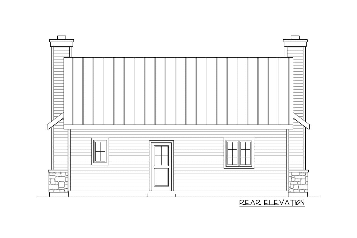 Rear elevation of a house plan with siding, two chimneys, a metal roof, and stone base accents.