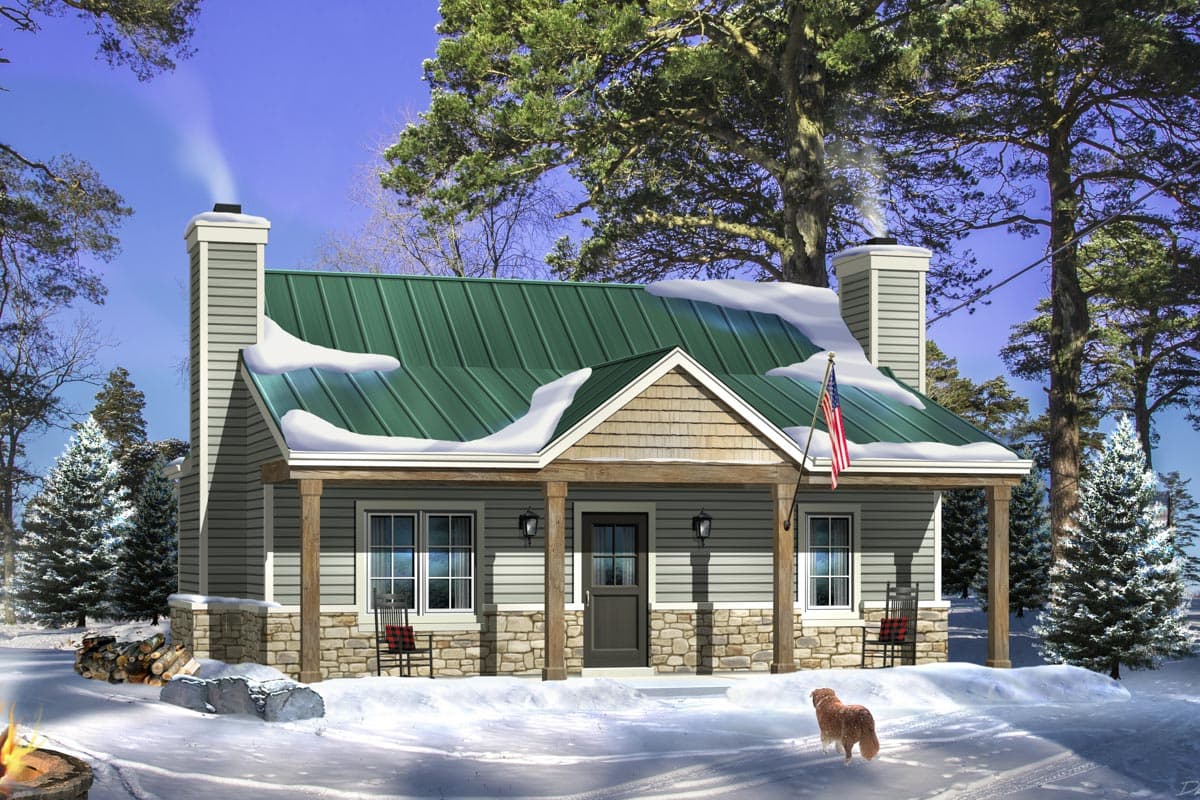 House plan exterior. One-story cottage style. Features include gabled roof, stone accents, front porch with columns, and a green metal roof.