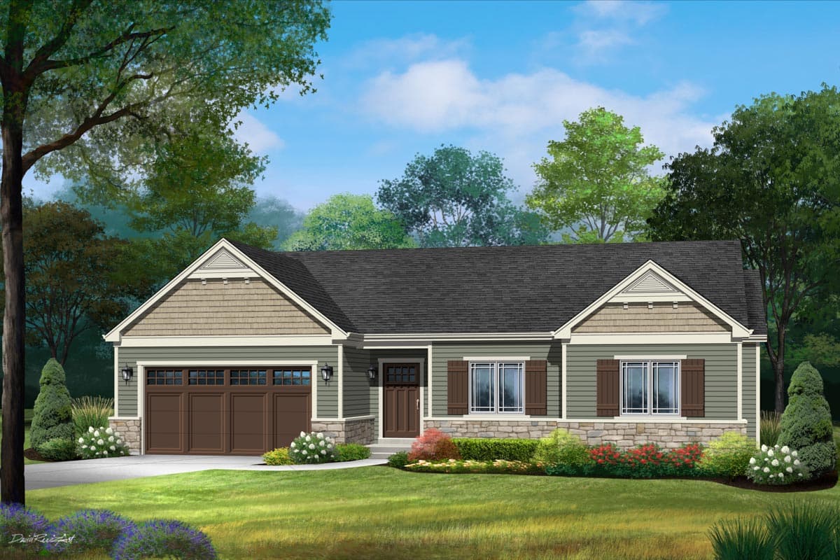 House plan exterior. Ranch style with a two-car garage. Features include gables, stone accents, and brown shutters flanking windows.