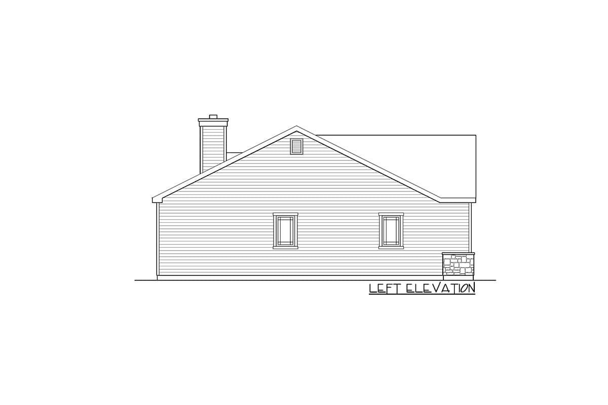 Left elevation house plan drawing with a prominent gable roof, chimney, and horizontal siding.