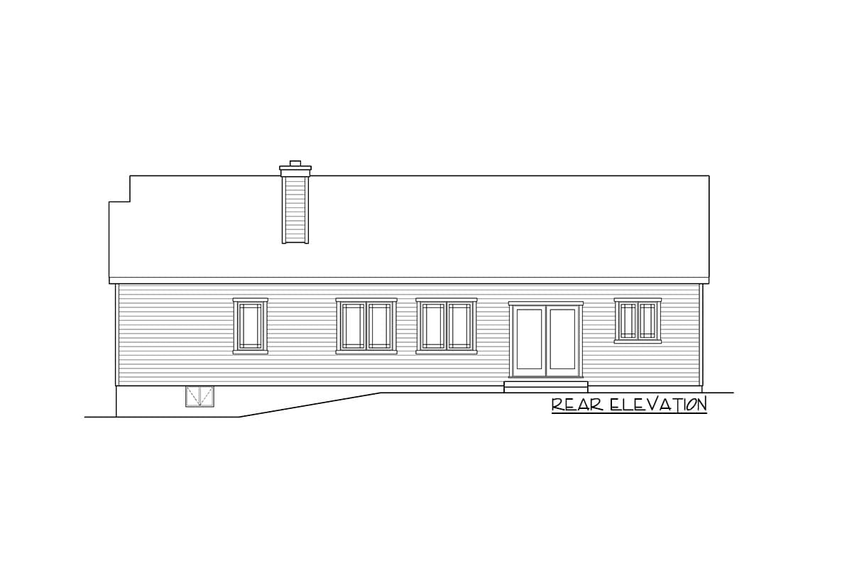 Rear elevation drawing of a house plan showing a hip roof, chimney, double doors, and multiple windows.