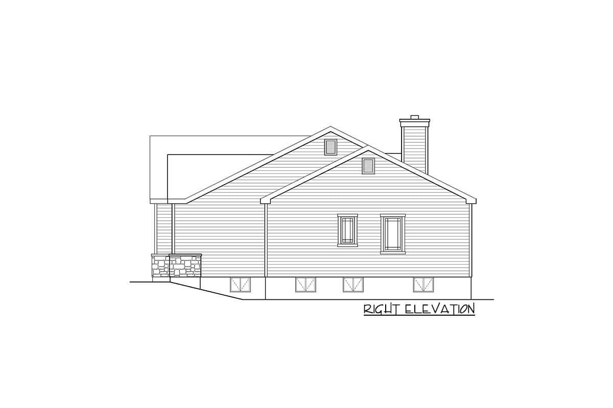 Right elevation drawing of a house plan showing a gabled roof, chimney, and stone-accented porch.