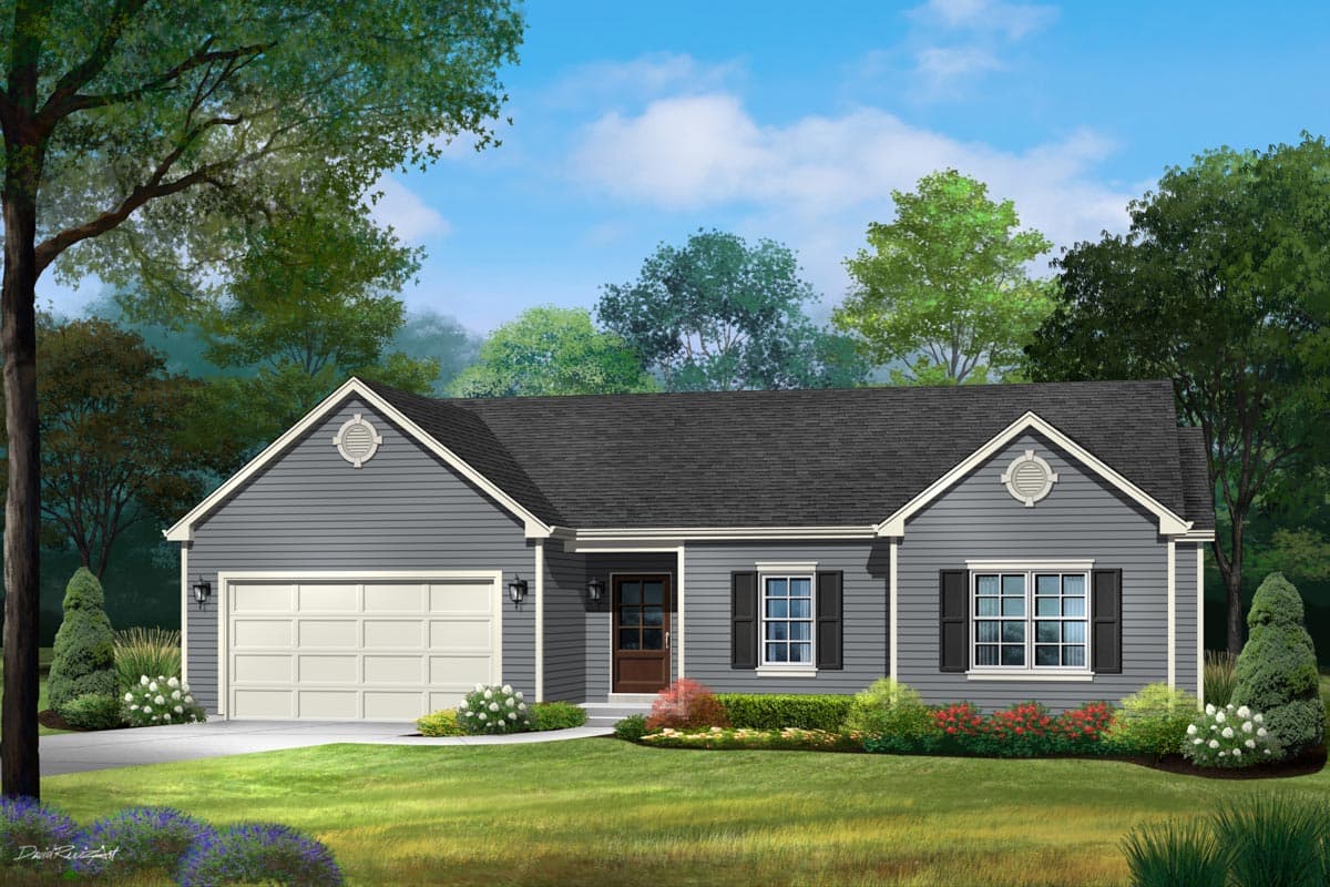 House plan exterior rendering. Ranch style, one story. Features include a front-facing garage, gabled roof, and decorative gable vents.