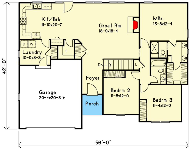 Plan 22166SL: 3-Bed Ranch Home Plan with Bedrooms Clustered to One Side - Floor Plan - Main Level - Ranch, Traditional