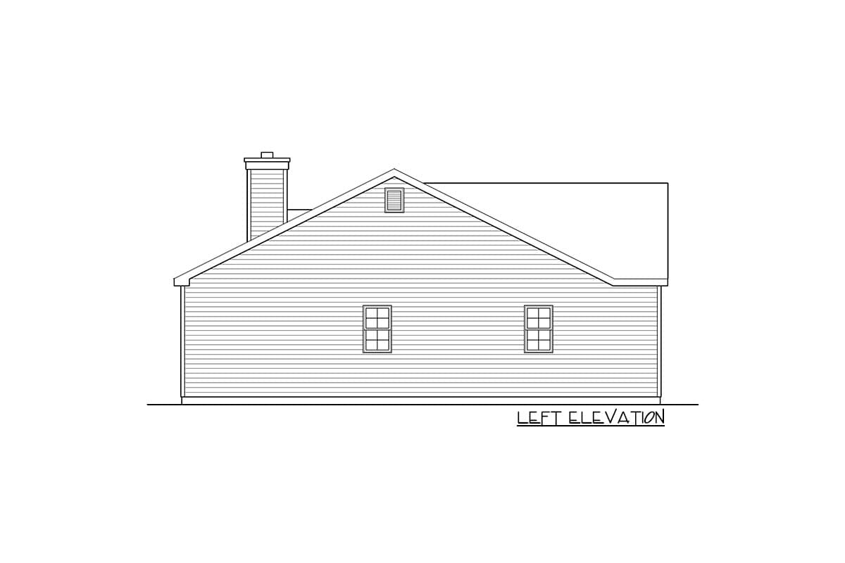 Left elevation house plan shows a pitched roof, two windows, a dormer, and a chimney.