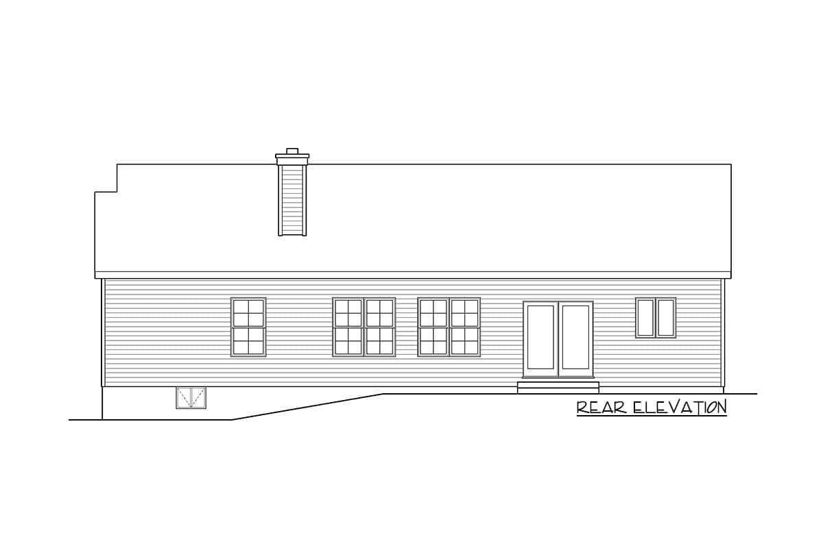 Rear elevation of a house plan showing horizontal siding, a chimney, multiple windows, and double doors.