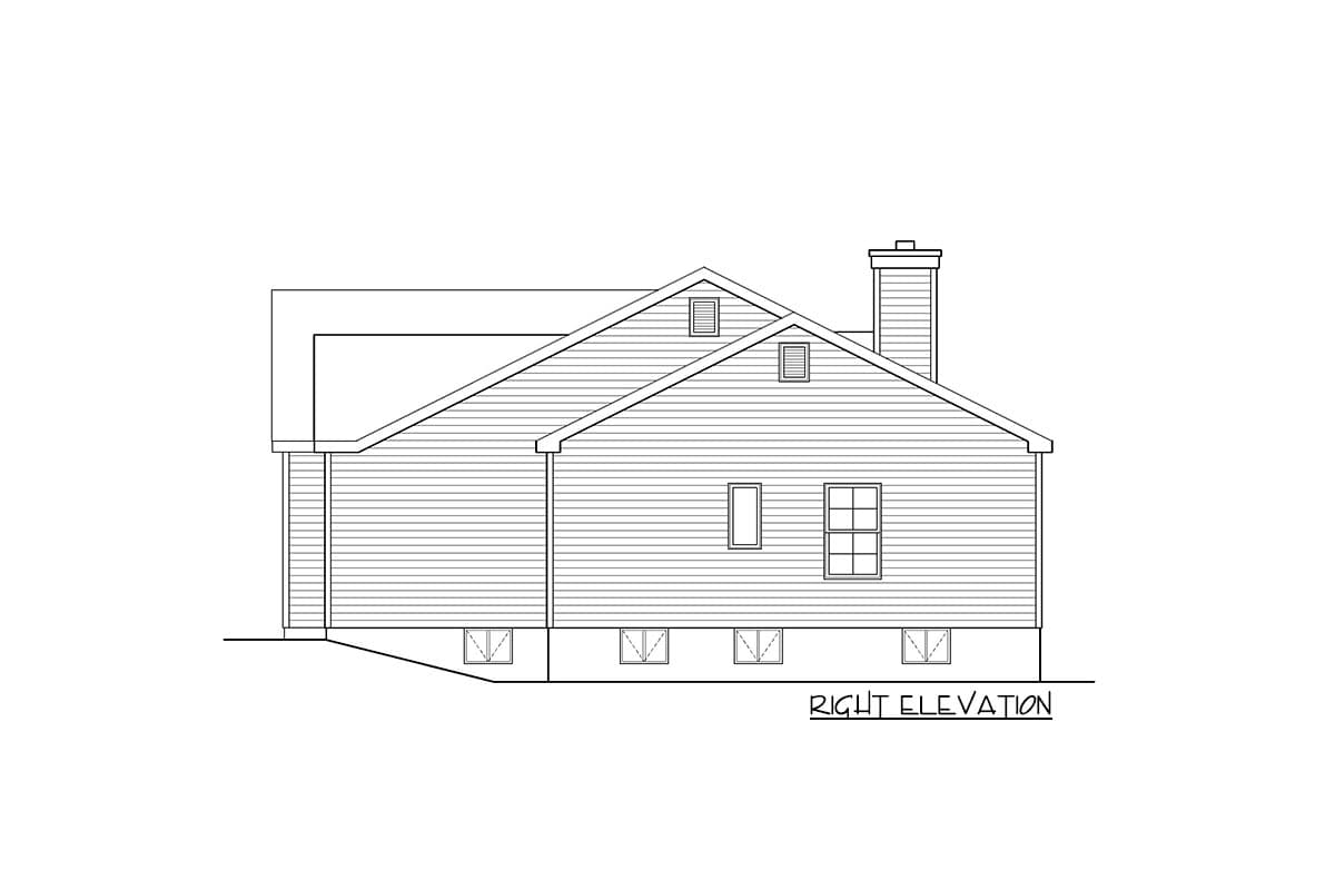 Right elevation drawing of a house plan showing siding, a chimney, dormers, and foundation vents.