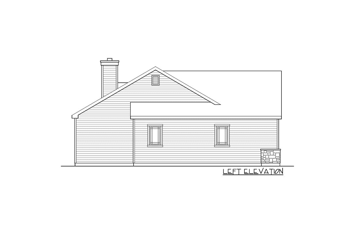 Left elevation of a house plan showing horizontal siding, a chimney, gable vent, and stone base.