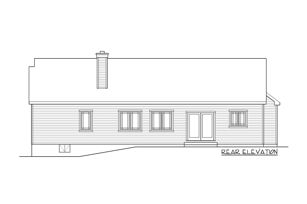 Rear elevation drawing of a house plan showing siding, windows, double doors, and a chimney.