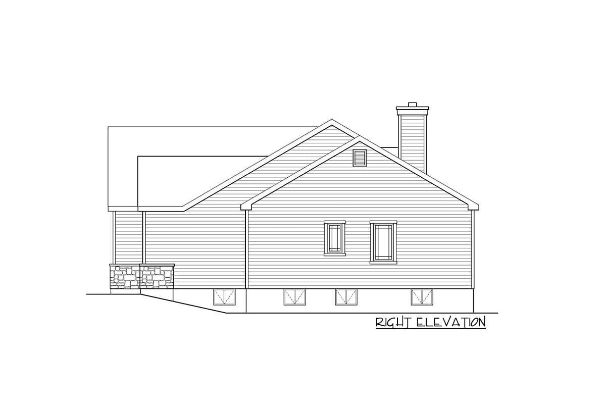 House plan right elevation showing siding, gabled roof, chimney, covered porch with stone base, and foundation vents.