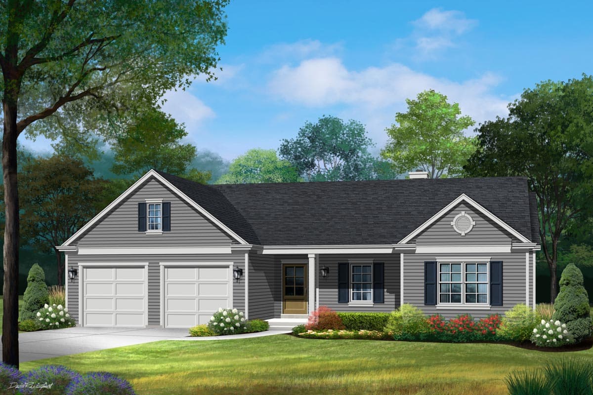 House plan exterior. Ranch-style home with two stories. Features include a front-facing garage, gabled roof, and a covered porch.