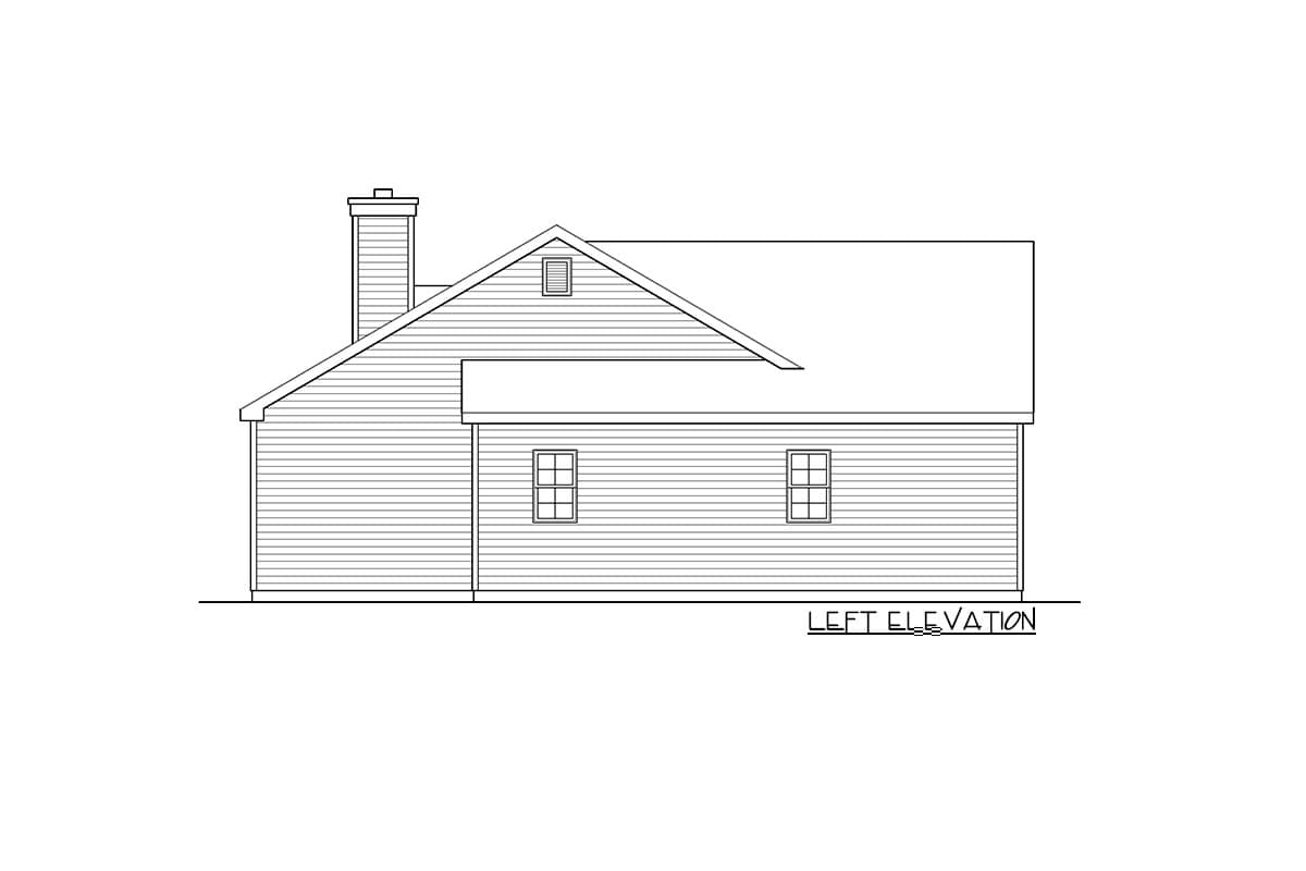 Left elevation house plan drawing showing siding, two windows, a dormer, and a chimney.