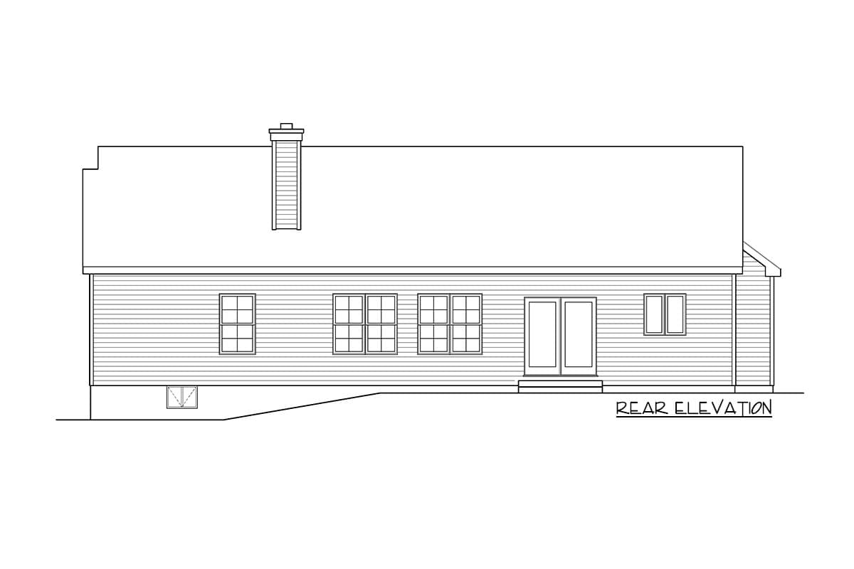 Rear elevation house plan showing a clapboard exterior with a hip roof, prominent chimney, double doors, and multiple windows.