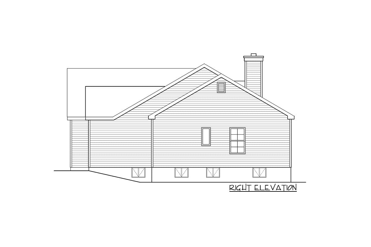 Right elevation drawing of a house plan showing a gable roof, chimney, and multiple windows.