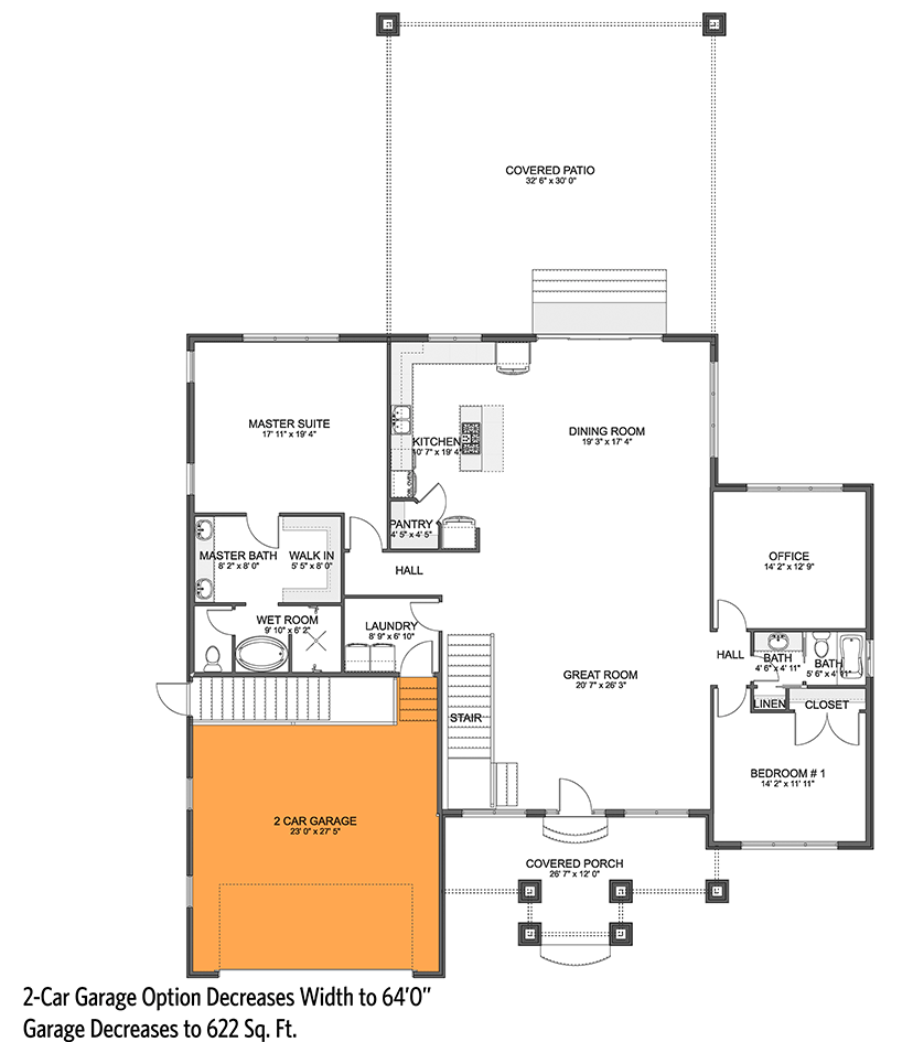 Plan 61374UT: Exclusive Ranch Home Plan with Lower-level 2-Bed Apartment - Floor Plan - 2-Car Front Garage Option (+$300) - Craftsman, New American, Ranch