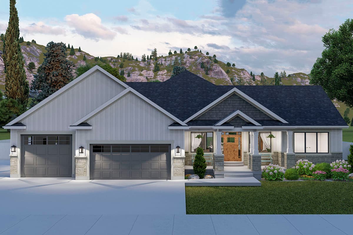 House plan exterior: Modern Farmhouse style, one-story, with a three-car garage, gabled rooflines, and a covered front porch.