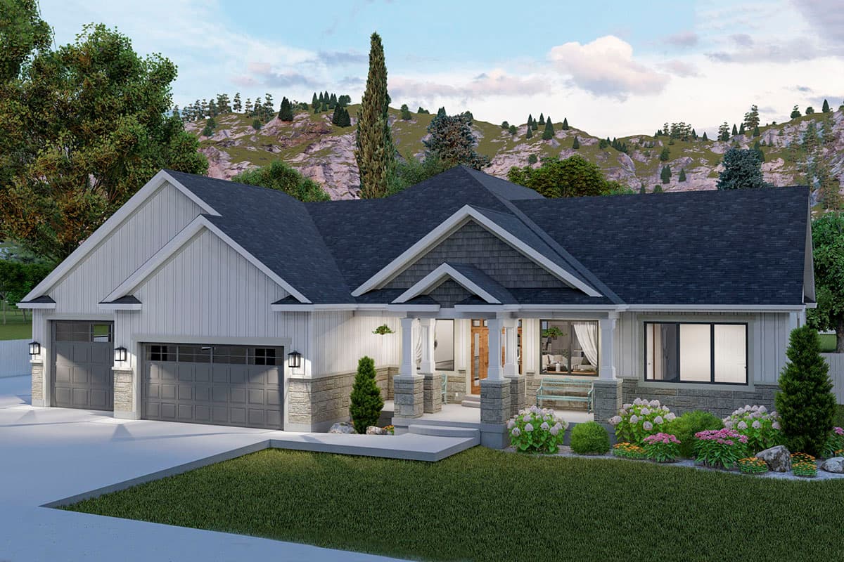 House plan exterior: Modern Farmhouse style, one-story, with a wide covered front porch, dual garage doors, and multiple gables.