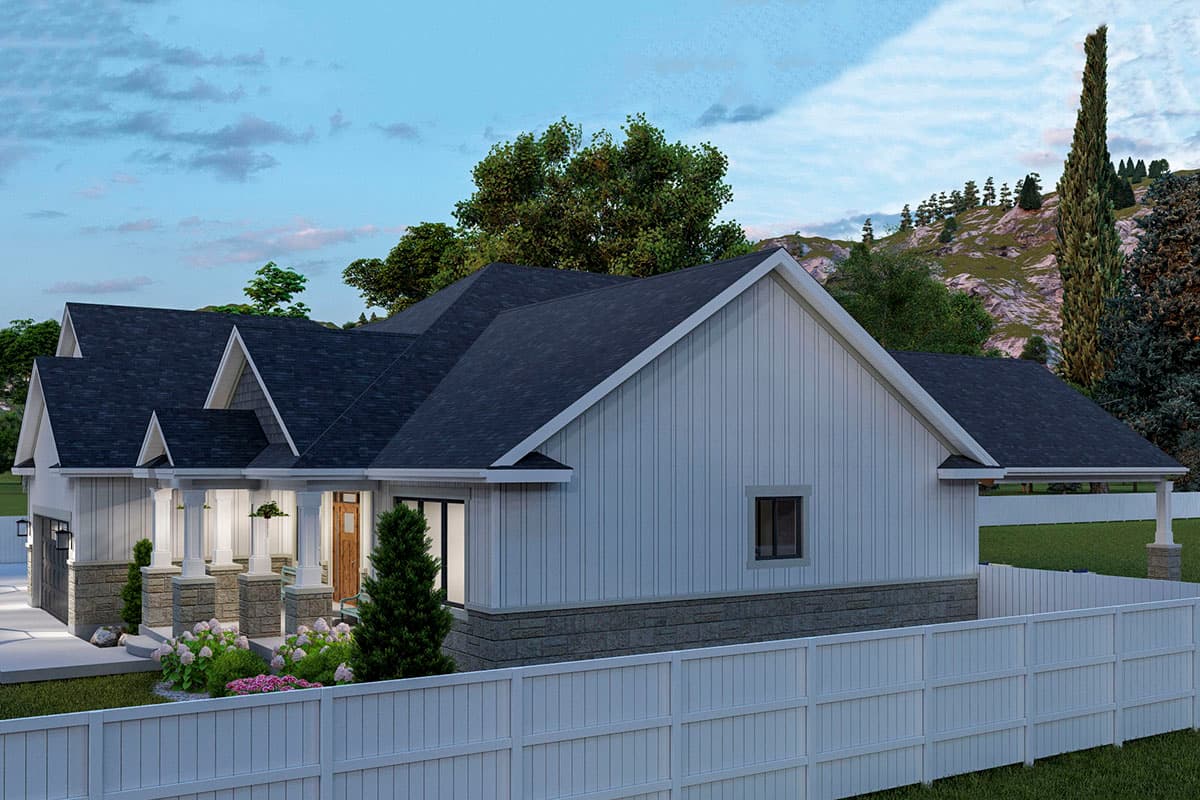 House plan exterior: Ranch style, single story, gabled roof, covered front porch with columns, stone and board-and-batten siding.
