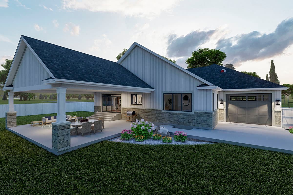 House plan exterior: Single-story Modern Farmhouse with covered patio, stone accents, and attached garage.