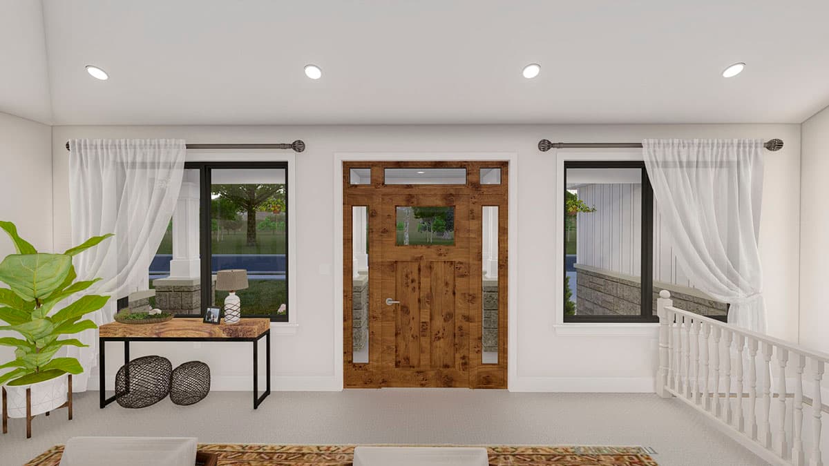 Rendering of a house entrance with a rustic wood door, sidelights, transom window, and flanking windows with sheer curtains.