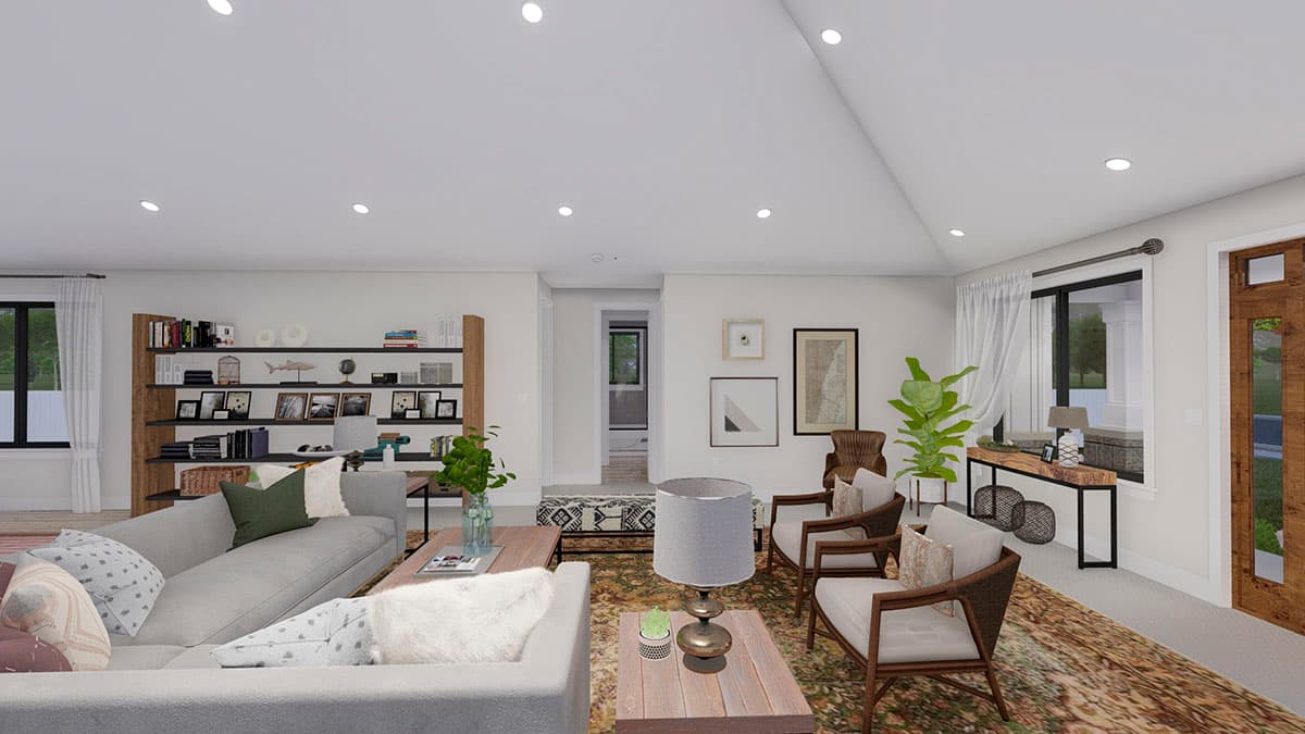 Interior rendering of a living room with vaulted ceiling, built-in shelves, a sectional sofa, armchairs, and a textured rug.