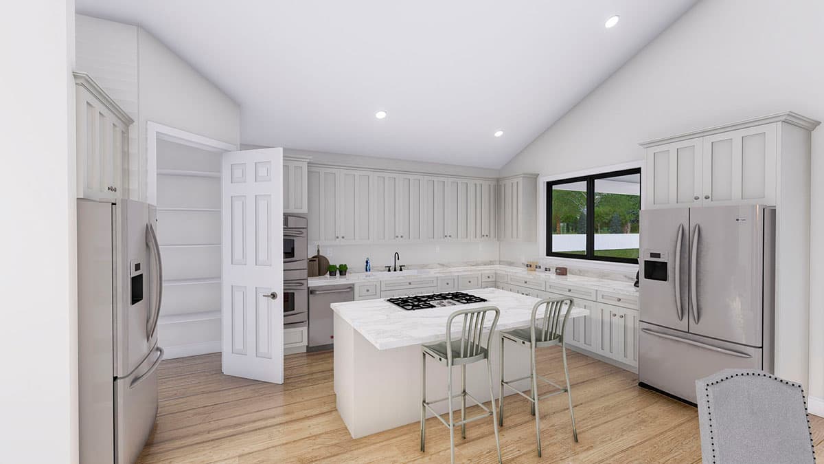 Kitchen rendering with vaulted ceiling, large island with stovetop, ample cabinetry, pantry, and double refrigerators.