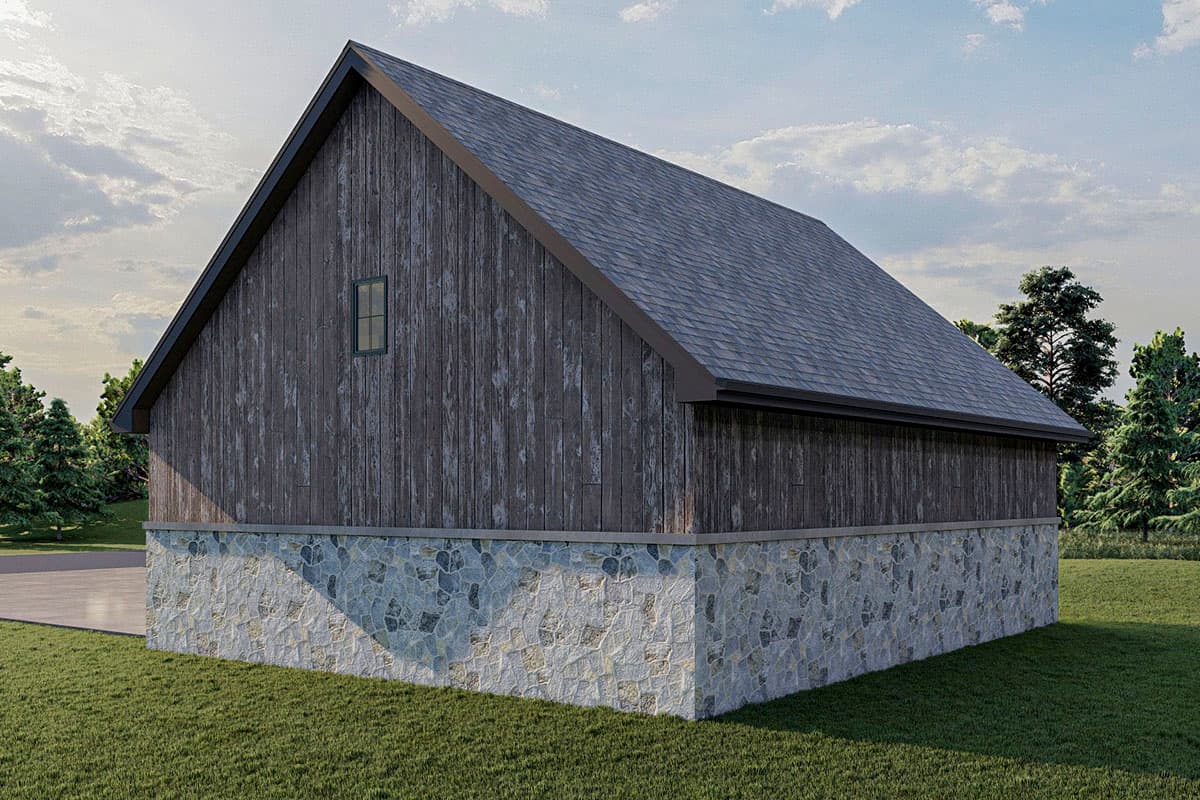 House plan exterior with a gambrel roof, vertical wood siding, and a stone foundation. One small window is visible.